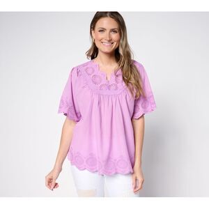 Liberare Women's Top Sz S 100% Cotton V-Neck Eyelet Purple A692521